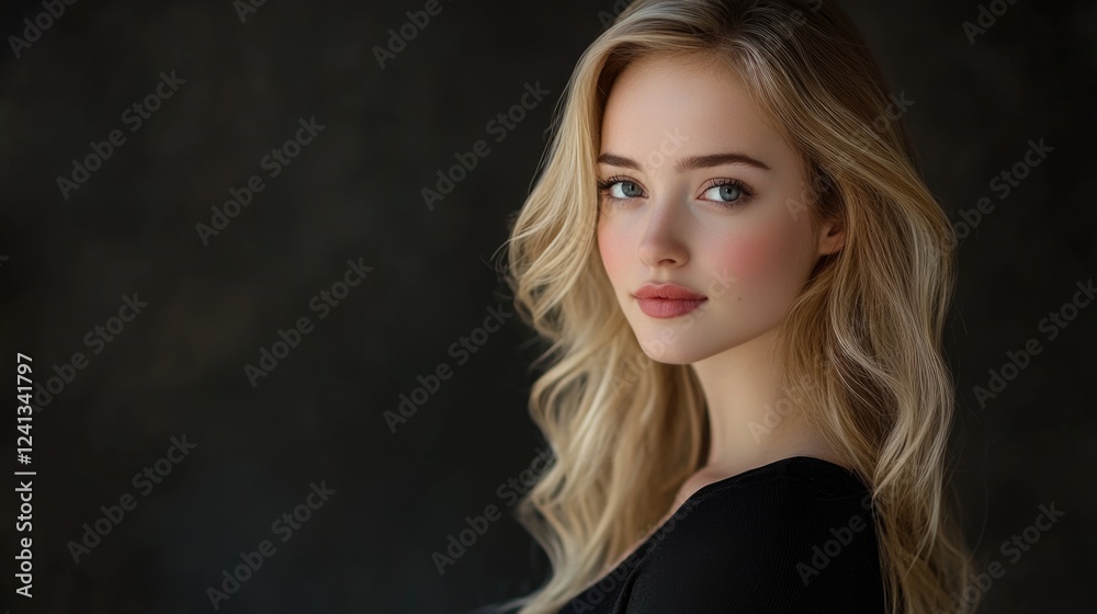 Elegant young blonde woman with wavy hair and subtle makeup against a dark background, showcasing fashion portraiture and beauty aesthetics. Elegant young blonde woman with wavy hair and subtle makeup against a dark background, showcasing fashion portraiture and beauty aesthetics.