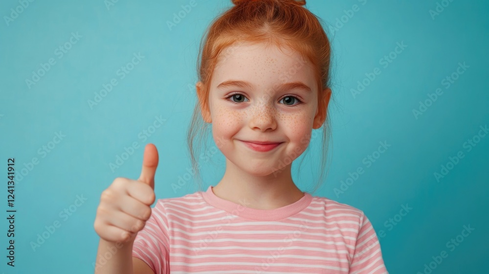 Close-Up of Cheerful 12-Year-Old Redhead Girl in Pink Striped T-Shirt Giving Thumbs Up Gesture While Taking Selfie Against Pastel Blue Background, Children Lifestyle Concept Close-Up of Cheerful 12-Year-Old Redhead Girl in Pink Striped T-Shirt Giving Thumbs Up Gesture While Taking Selfie Against Pastel Blue Background, Children Lifestyle Concept