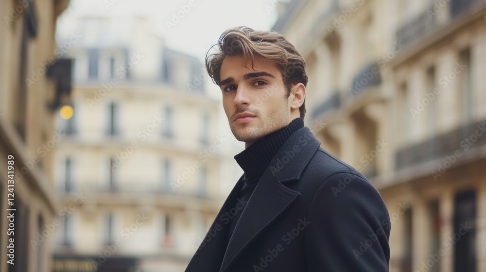 Obraz premium Elegant young man in stylish black coat poses confidently on Parisian street, architectural buildings create a chic urban background.