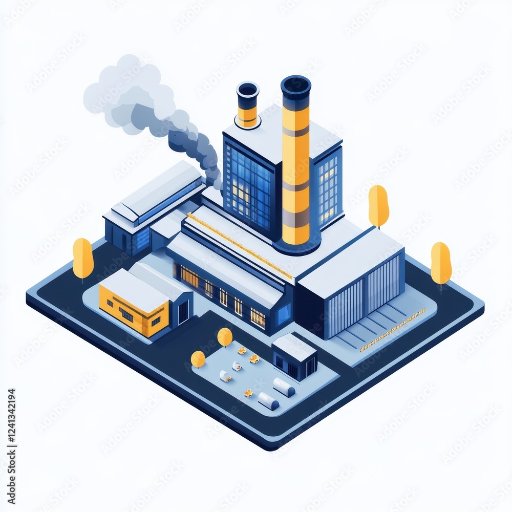 Isometric industrial factory with chimneys emitting smoke, modern manufacturing concept. Isometric industrial factory with chimneys emitting smoke, modern manufacturing concept.