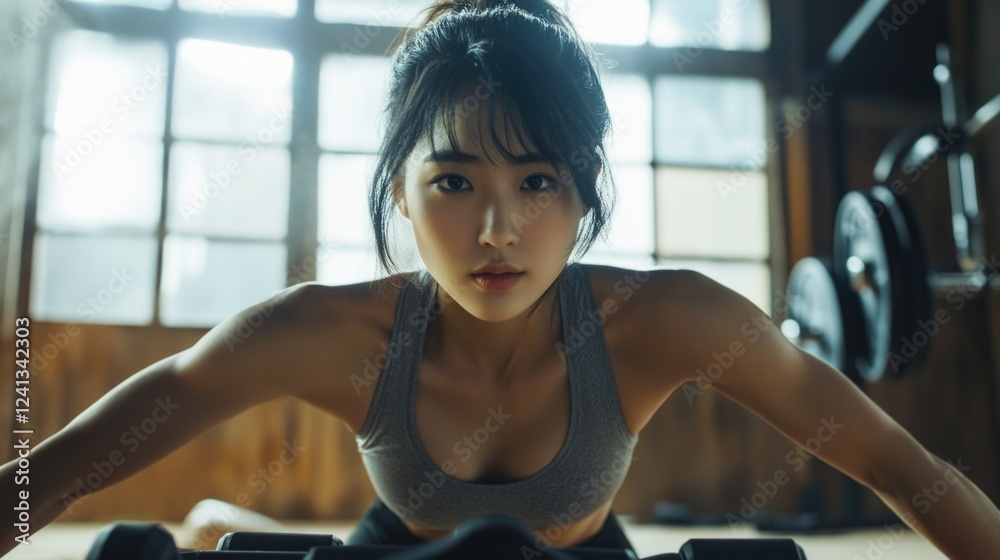 Fototapeta premium Asian woman in gray sportswear exercising indoors, focused on push-ups in a bright home gym with wooden accents and weights in the background.