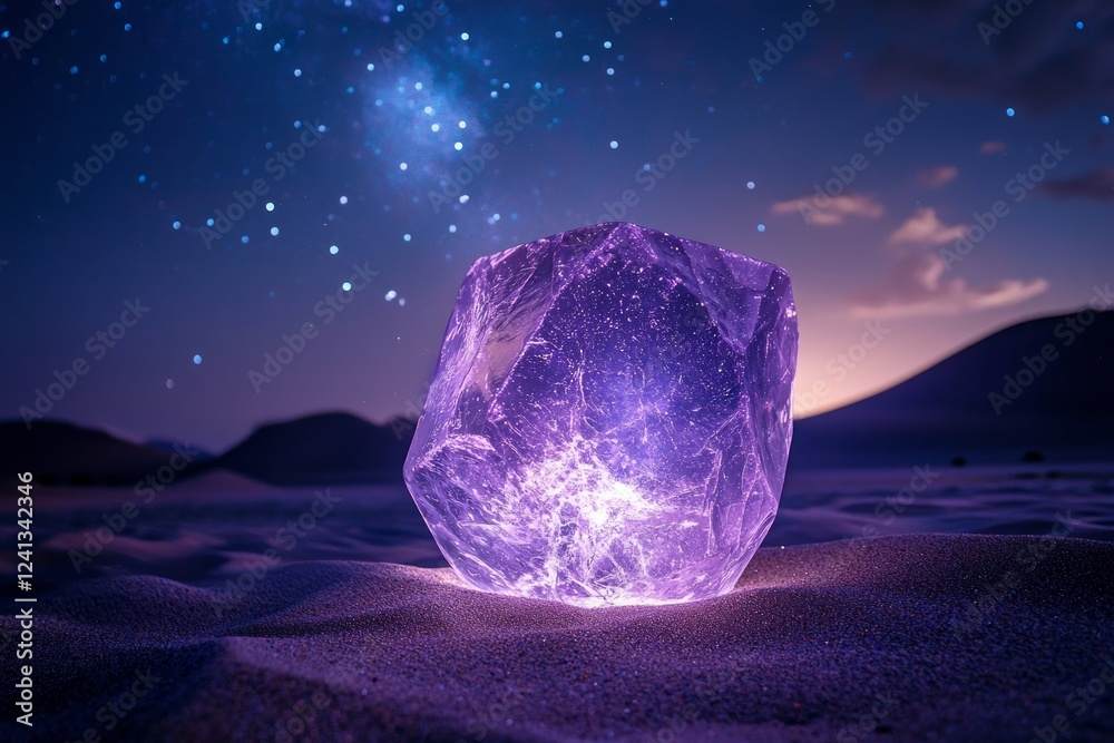 Fototapeta premium Luminous crystal in a desert under a starry sky.