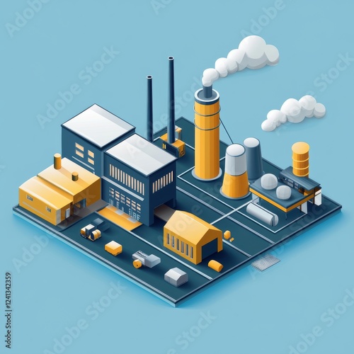 Isometric modern factory complex with warehouses, pipelines, and a surrounding road network. photo