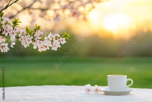 Peaceful Dawn Outdoor Scene with Haft Sin Table Under Blossoming Cherry Trees