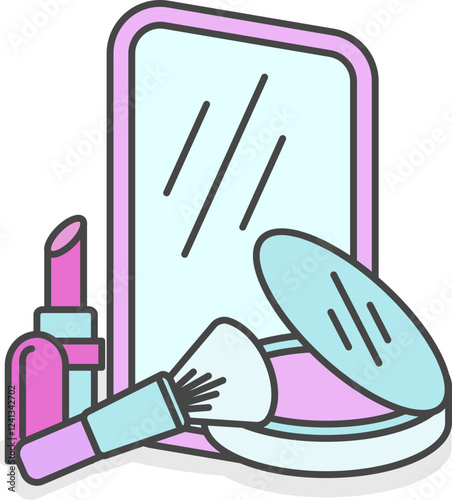 Cute cartoon illustration of makeup essentials lipstick, compact powder with brush, and a mirror. Perfect for beauty blogs, websites, or social media.