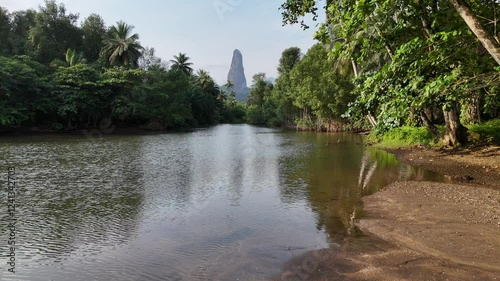 Sao Tome and Principe - River and Tropical Forest With Pico Cao Grande. Scenic Jungle Landscape Reflected in Calm Water.