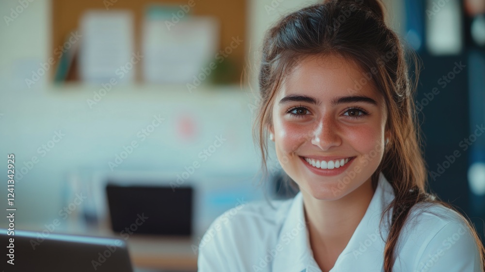 Smiling young female teacher using a laptop in a modern classroom setting promoting online learning and education technology Smiling young female teacher using a laptop in a modern classroom setting promoting online learning and education technology