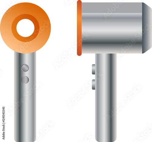 Sleek silver hairdryer with orange accents shown in front and side views.  Perfect for website banners, app icons, or product catalogs showcasing hair styling tools. Clean, modern design.