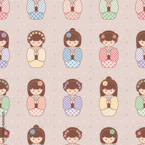 Kawaii kokeshi doll vector repeat pattern. Seamless illustration of girls with polka dot kimonos.