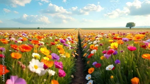 Vibrant Flower Field Path Under Sunny Sky