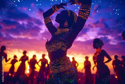 Silhouette of a dancer at sunset, adorned in vibrant, beaded attire.