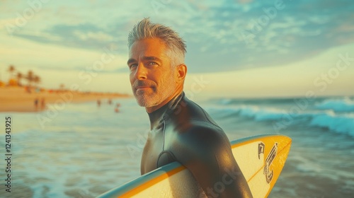 Handsome middle-aged man with gray hair wearing a black wetsuit holding a surfboard standing in shallow ocean water under a pastel sunset sky.