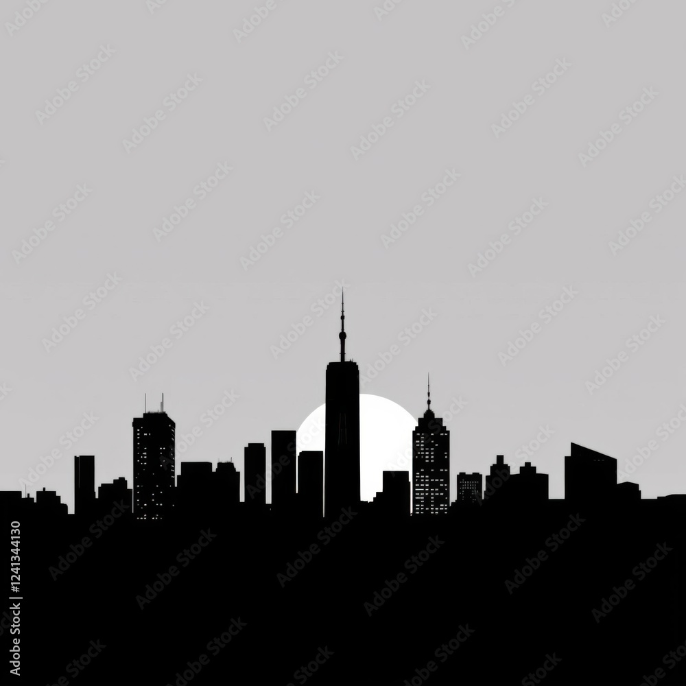 A clean vector illustration of a futuristic city skyline with tall sleek buildings and flying cars in a monochromatic color scheme silhouetted skyline cityscape architecture illustration building city A clean vector illustration of a futuristic city skyline with tall sleek buildings and flying cars in a monochromatic color scheme silhouetted skyline cityscape architecture illustration building city