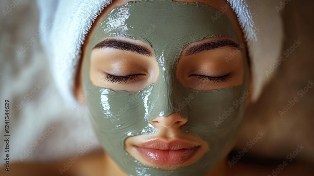 Close-up portrait of a woman with a towel on her head applying green clay facial mask in serene spa setting, gentle lighting for skincare wellness Close-up portrait of a woman with a towel on her head applying green clay facial mask in serene spa setting, gentle lighting for skincare wellness