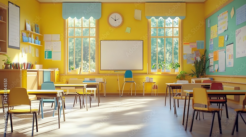 Obraz premium Well lit bright classroom interior colorful cheerful learning space modern design