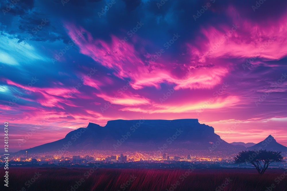 Vibrant sunset over a city nestled beneath a majestic mountain. Vibrant sunset over a city nestled beneath a majestic mountain.