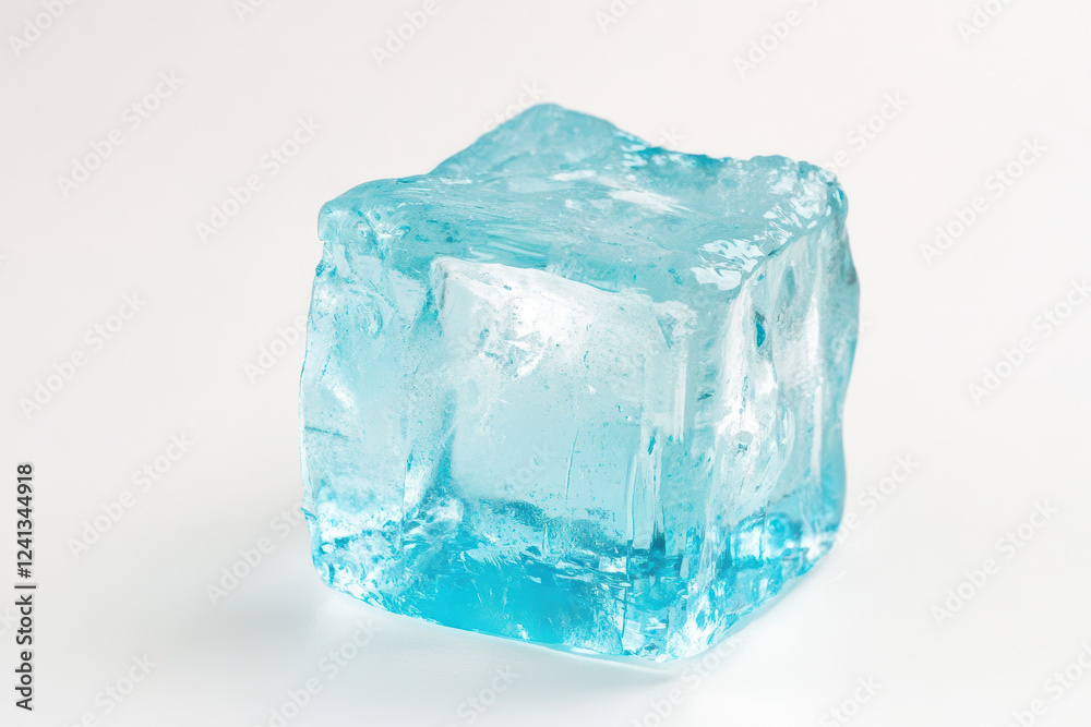 Obraz premium Close up of a translucent blue ice cube with detailed texture against a white background