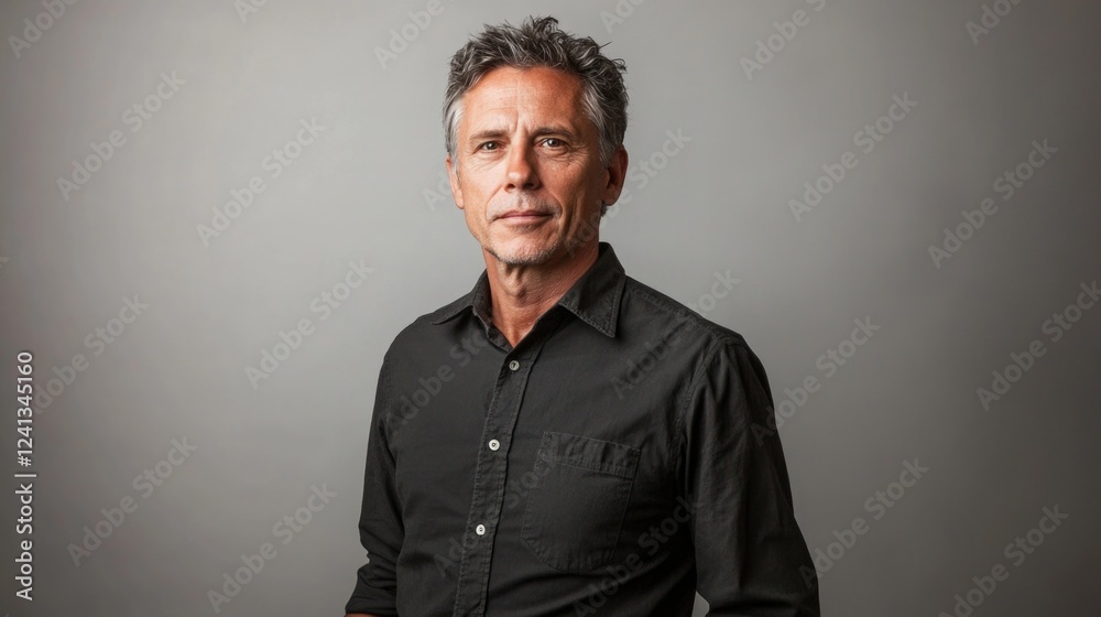 Mature man with silver hair and calm expression wearing black shirt poses confidently against a neutral gray background, showcasing wisdom and experience. Mature man with silver hair and calm expression wearing black shirt poses confidently against a neutral gray background, showcasing wisdom and experience.