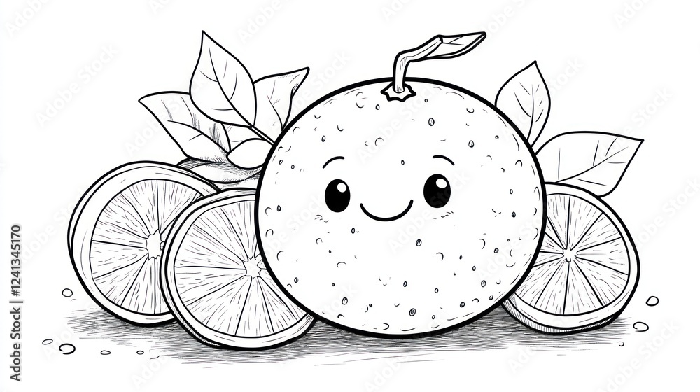 Obraz premium Happy orange with slices, leaves, background texture; coloring book page