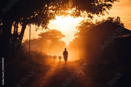 Silhouette of person herding animals at sunset.