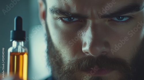 close up portrait of focused bearded man holding amber bottle with pipette in modern indoor setting showcasing skincare and grooming routine photo