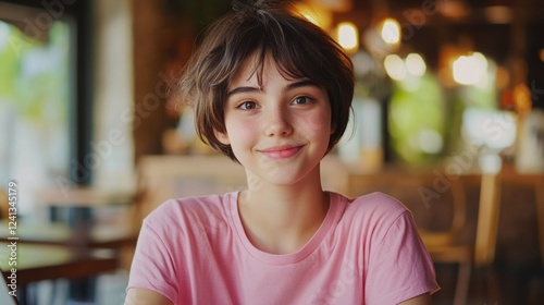 Portrait of cheerful preteen girl with short dark hair in pink t-shirt sitting at cozy cafe working on laptop during video call with friendly expression