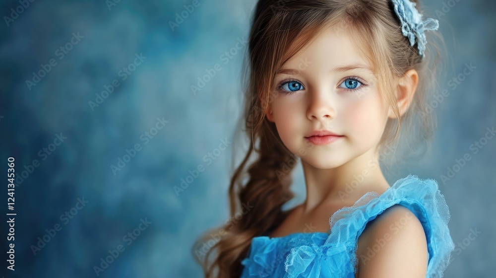 Fototapeta premium Portrait of a Young Girl with Long Brown Hair in a Bright Blue Dress Against a Soft Blue Background, Featuring Stunning Blue Eyes and a Delicate Hair Accessory
