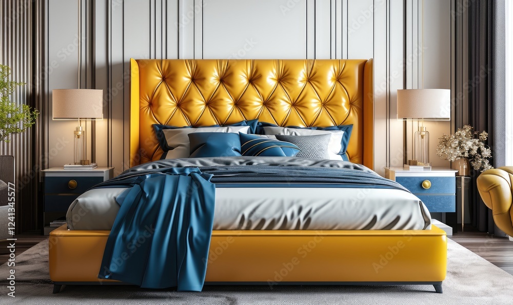 Modern Yellow Leather Bed with Blue Blanket near White Table and Nightstand in Luxurious Bedroom