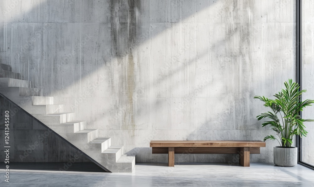 Transitional Hallway with Modern Concrete Staircase with Wooden Bench near Houseplant on Grey Textured Concrete Wall