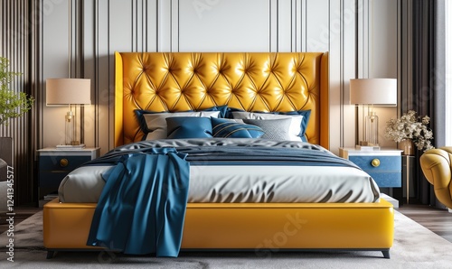 Obraz na płótnie Modern Yellow Leather Bed with Blue Blanket near White Table and Nightstand in Luxurious Bedroom w salonie