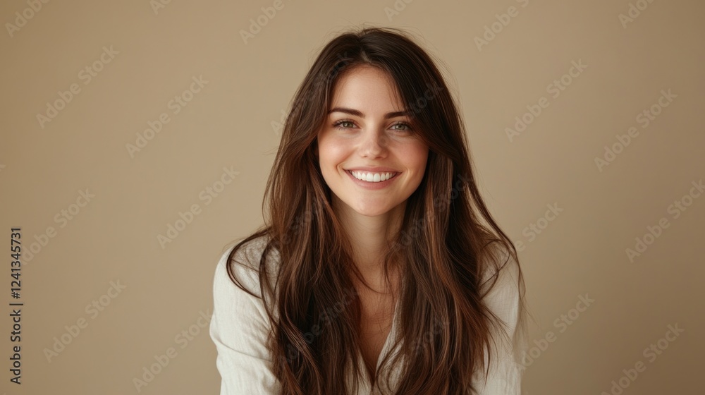 Smiling Caucasian woman with long brown hair wearing white sweater against beige background, exuding happiness and warmth in a studio setting. Smiling Caucasian woman with long brown hair wearing white sweater against beige background, exuding happiness and warmth in a studio setting.