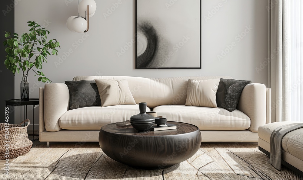 Scandinavian living area with a beige sofa and dark round wooden coffee table on abstract frames art beige wall background.