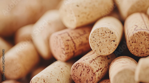 Close up of stacked wine corks showcasing natural texture in a warm, inviting atmosphere photo