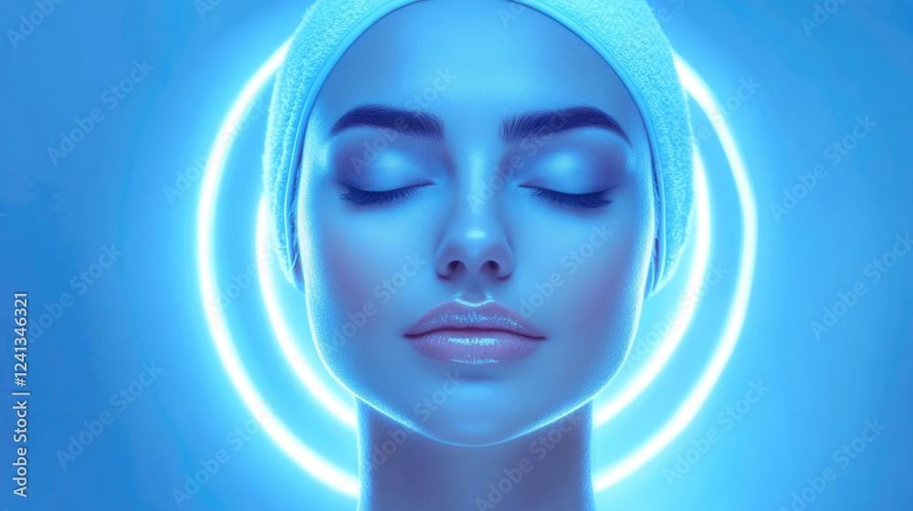 Bright Blue Aesthetic Beauty Portrait of Woman with Skincare Facial in Neon Studio Light Circle for Glamour Wellness Cosmetics and Art Deco Style Bright Blue Aesthetic Beauty Portrait of Woman with Skincare Facial in Neon Studio Light Circle for Glamour Wellness Cosmetics and Art Deco Style