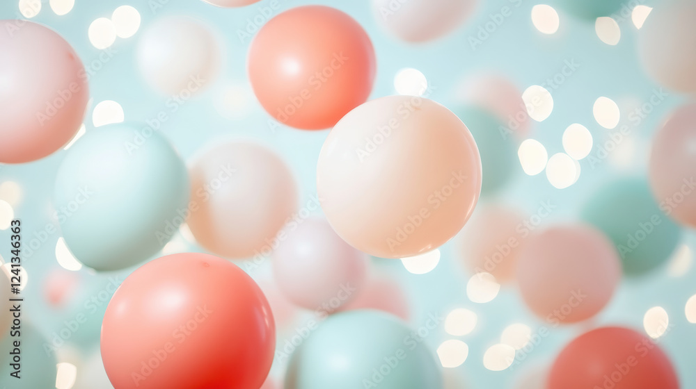 Pastel balloons floating against a dreamy bokeh background with soft lighting for festive celebrations Pastel balloons floating against a dreamy bokeh background with soft lighting for festive celebrations