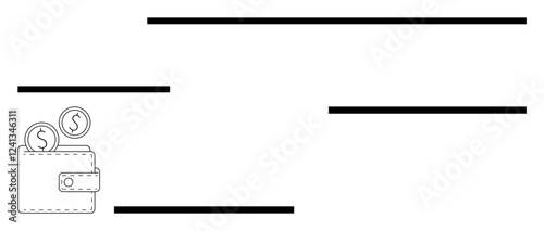 Wallet with coins outline paired with horizontal lines. Ideal for money management, budgeting, savings, digital finance, investments, payroll, and income concepts. Abstract line flat metaphor