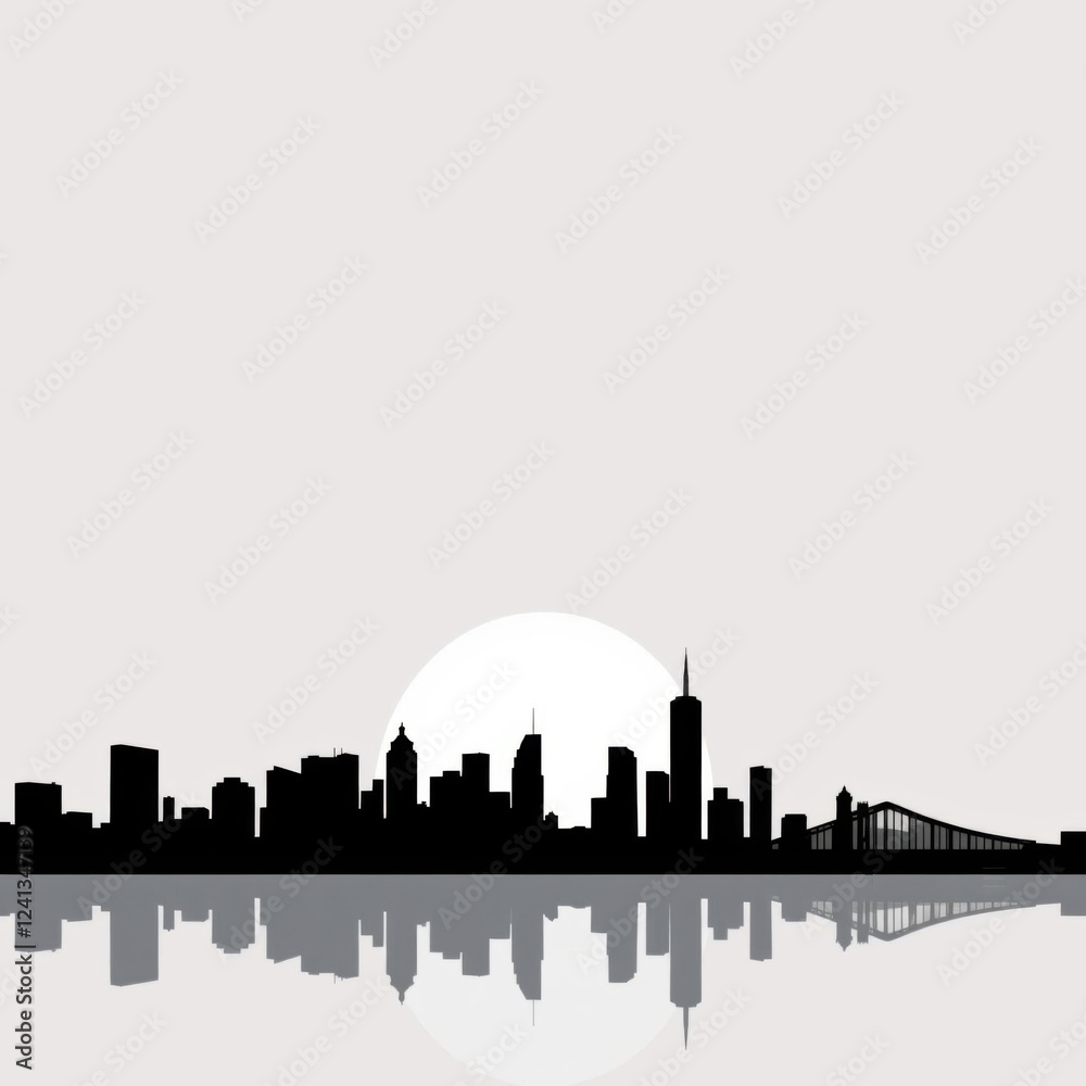 Naklejka premium Mosque under crescent moon and starry sky silhouetted skyline cityscape architecture illustration building city vector