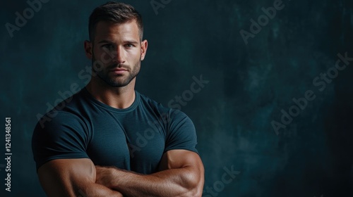Caucasian muscular man in fitted dark blue t-shirt posing confidently with crossed arms against textured studio background showcasing fitness and strength.
