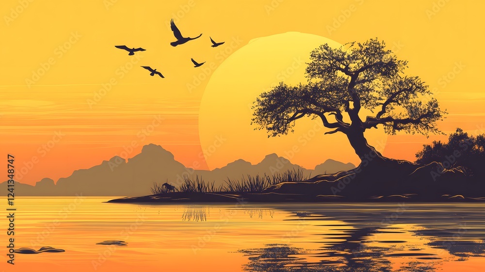 A tree in the middle of a body of water, birds flying above it, with a sunset in the background
