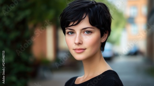 Free Download close-up portrait of a young woman with short black hair wearing a dark sweater outdoors in a soft natural light urban setting - GFXLoad