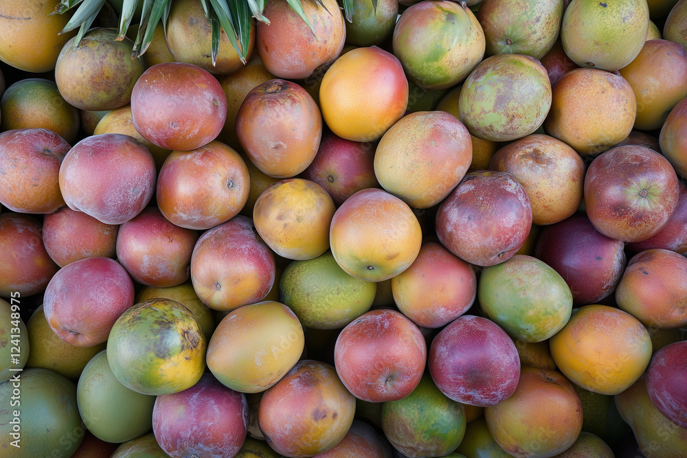 A vibrant assortment of fresh tropical fruits, including pineapples, mangoes, and papayas, arranged in a colorful pattern, with copy space. Bright natural lighting. A vibrant assortment of fresh tropical fruits, including pineapples, mangoes, and papayas, arranged in a colorful pattern, with copy space. Bright natural lighting.