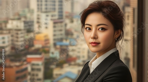 Confident Asian businesswoman in professional attire poised near window overlooking urban cityscape of Korea with soft natural lighting. photo