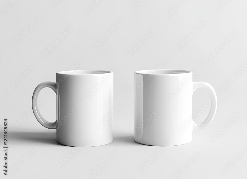 Two white coffee mugs mockup, one on the left and another mug on the right side of the picture, isolated on a background, stock photo. Two white coffee mugs mockup, one on the left and another mug on the right side of the picture, isolated on a background, stock photo.