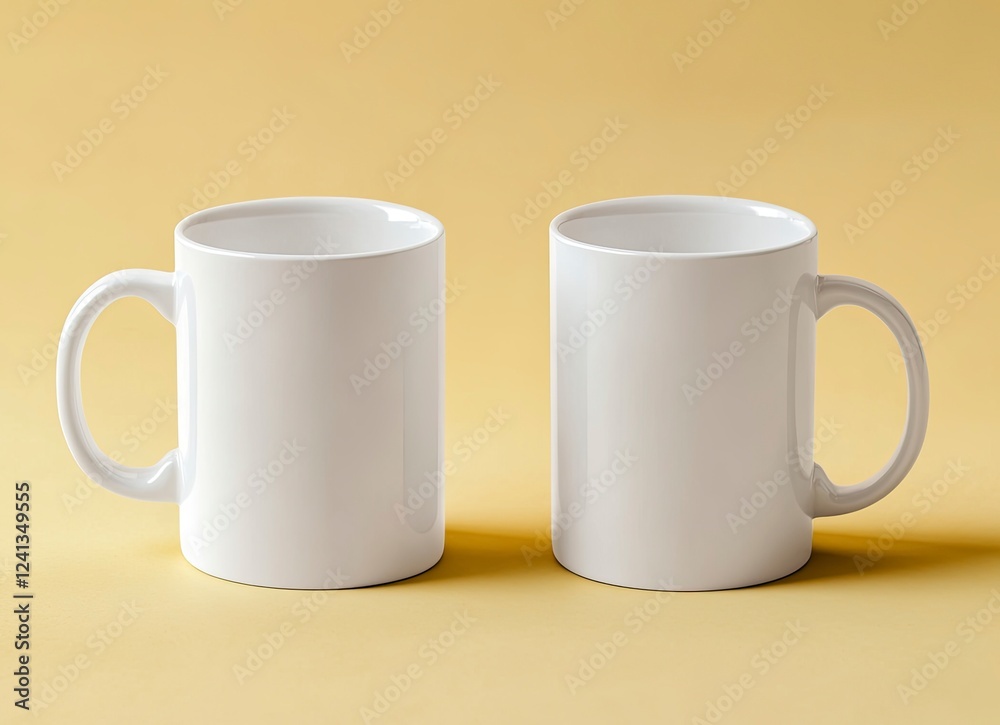 Two white coffee mugs mockup, one on the left and another mug on the right side of the picture, isolated on a background, stock photo. Two white coffee mugs mockup, one on the left and another mug on the right side of the picture, isolated on a background, stock photo.