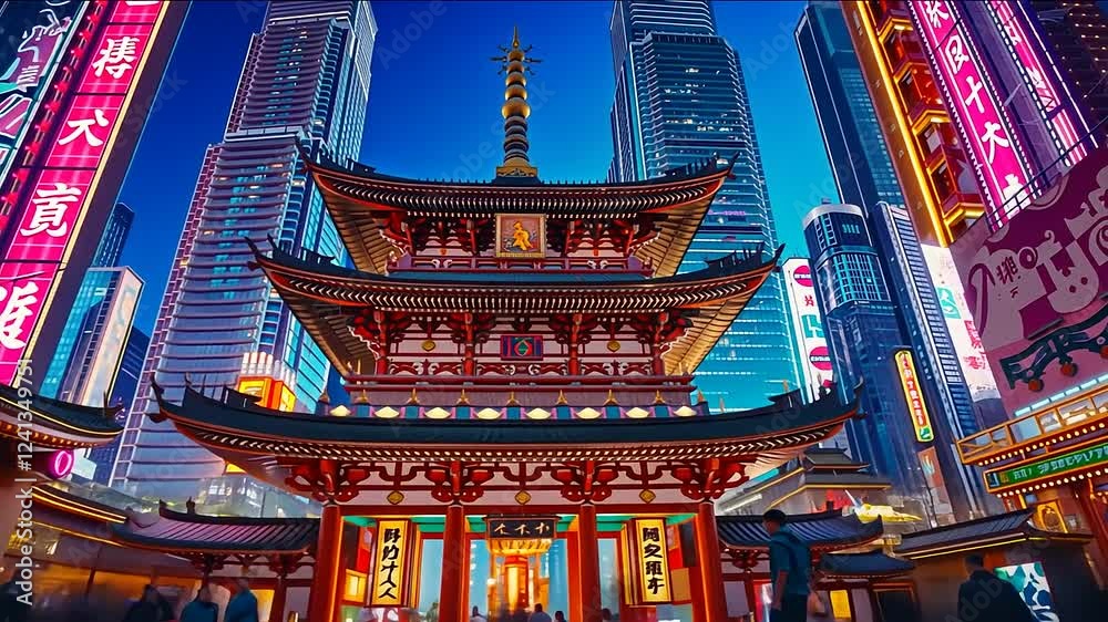 Temple Amidst City Lights: A traditional Japanese temple stands proud, illuminated against a backdrop of dazzling neon lights and towering skyscrapers. Temple Amidst City Lights: A traditional Japanese temple stands proud, illuminated against a backdrop of dazzling neon lights and towering skyscrapers.