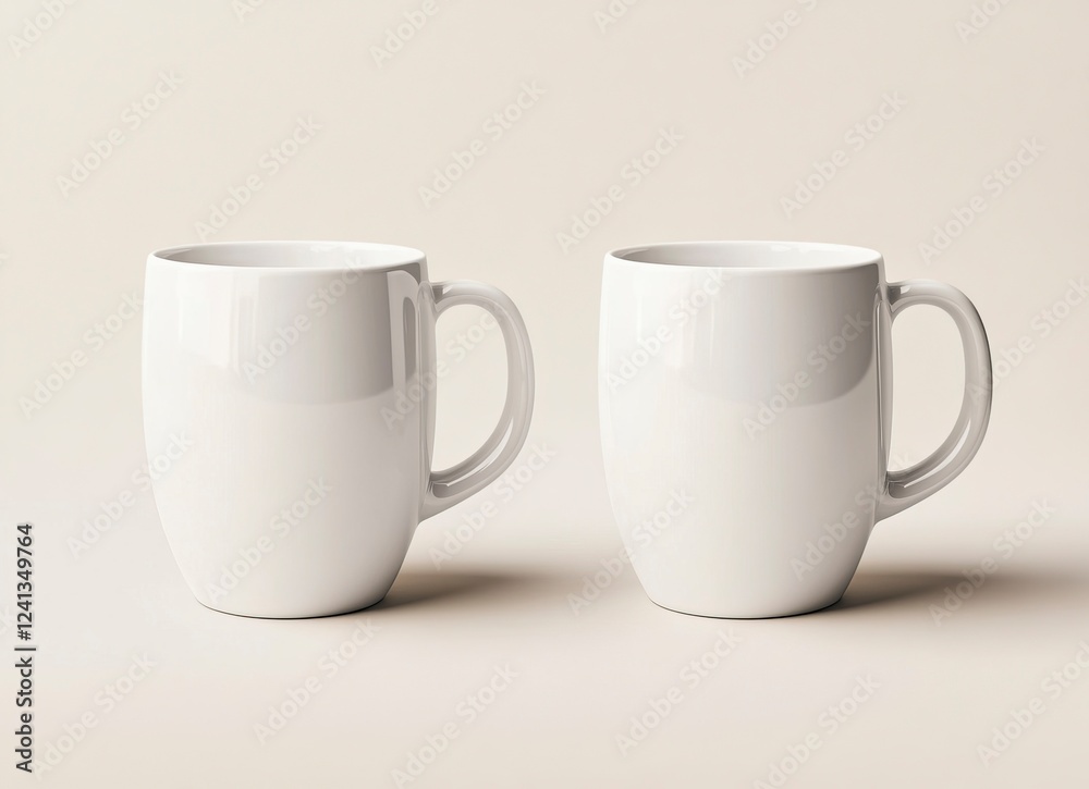 Fototapeta premium Two white coffee mugs mockup, one on the left and another mug on the right side of the picture, isolated on a background, stock photo.