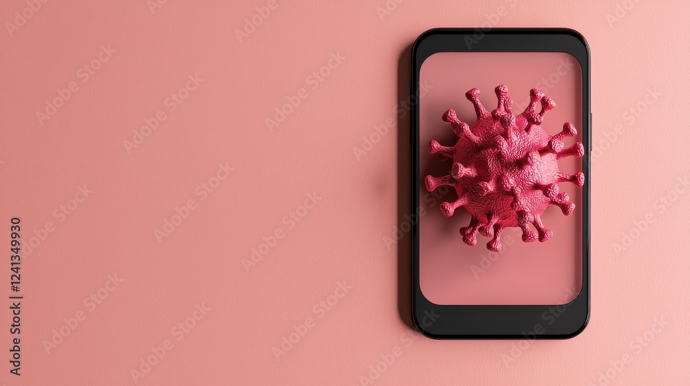 Vibrant Virus Model Displayed on Smartphone Screen Against Pink Background Vibrant Virus Model Displayed on Smartphone Screen Against Pink Background