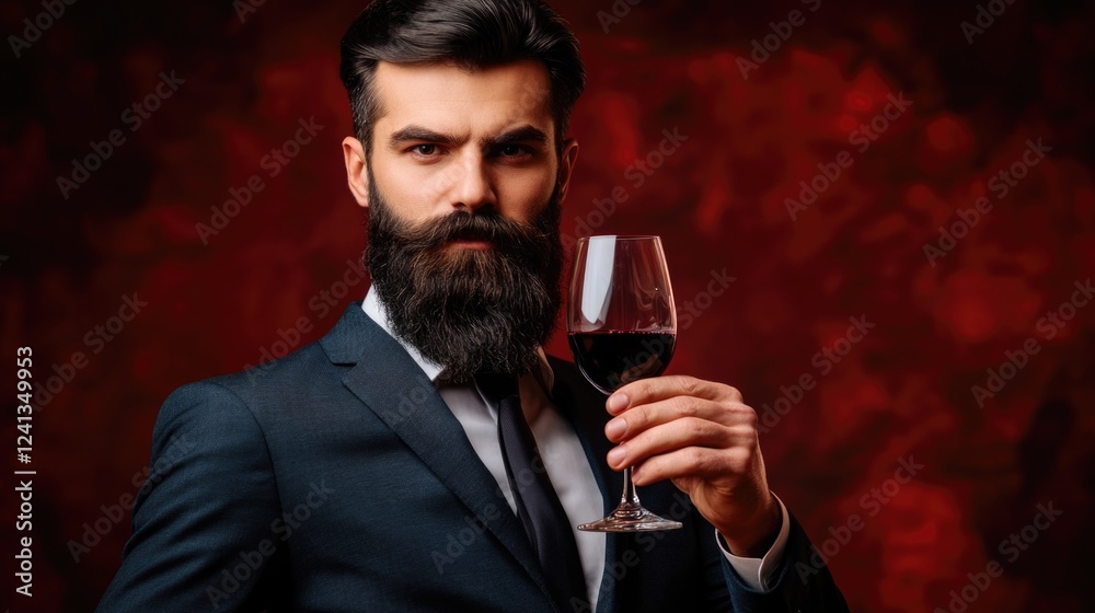 Stylish sommelier man with an impressive beard in formal suit holding sparkling red wine glass against a rich burgundy background for wine tasting and connoisseurship. Stylish sommelier man with an impressive beard in formal suit holding sparkling red wine glass against a rich burgundy background for wine tasting and connoisseurship.