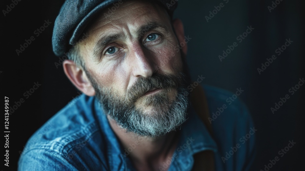 Mature man with a thoughtful expression wearing a denim shirt and cap against a dark background, showcasing deep blue eyes and a gray beard. Mature man with a thoughtful expression wearing a denim shirt and cap against a dark background, showcasing deep blue eyes and a gray beard.