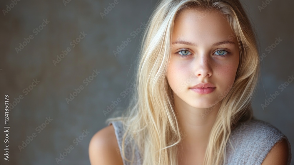 Fototapeta premium Portrait of a young blonde woman with blue eyes in a cozy studio setting featuring soft, natural lighting and a neutral background.